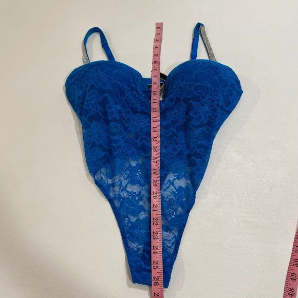 Victoria’s Secret Blue Lace Rhinestone Strap Bodysuit XL Sexy Sheer One Piece Li - Picture 4 of 7